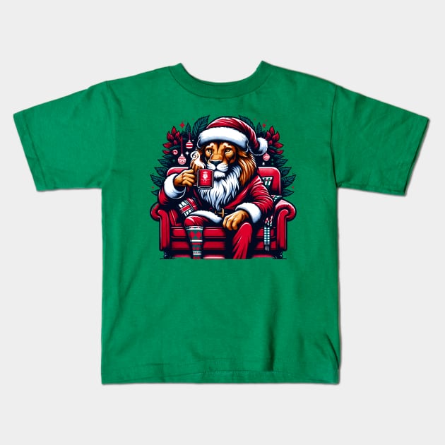 Lion Drinking Coffee Christmas Kids T-Shirt by Graceful Designs